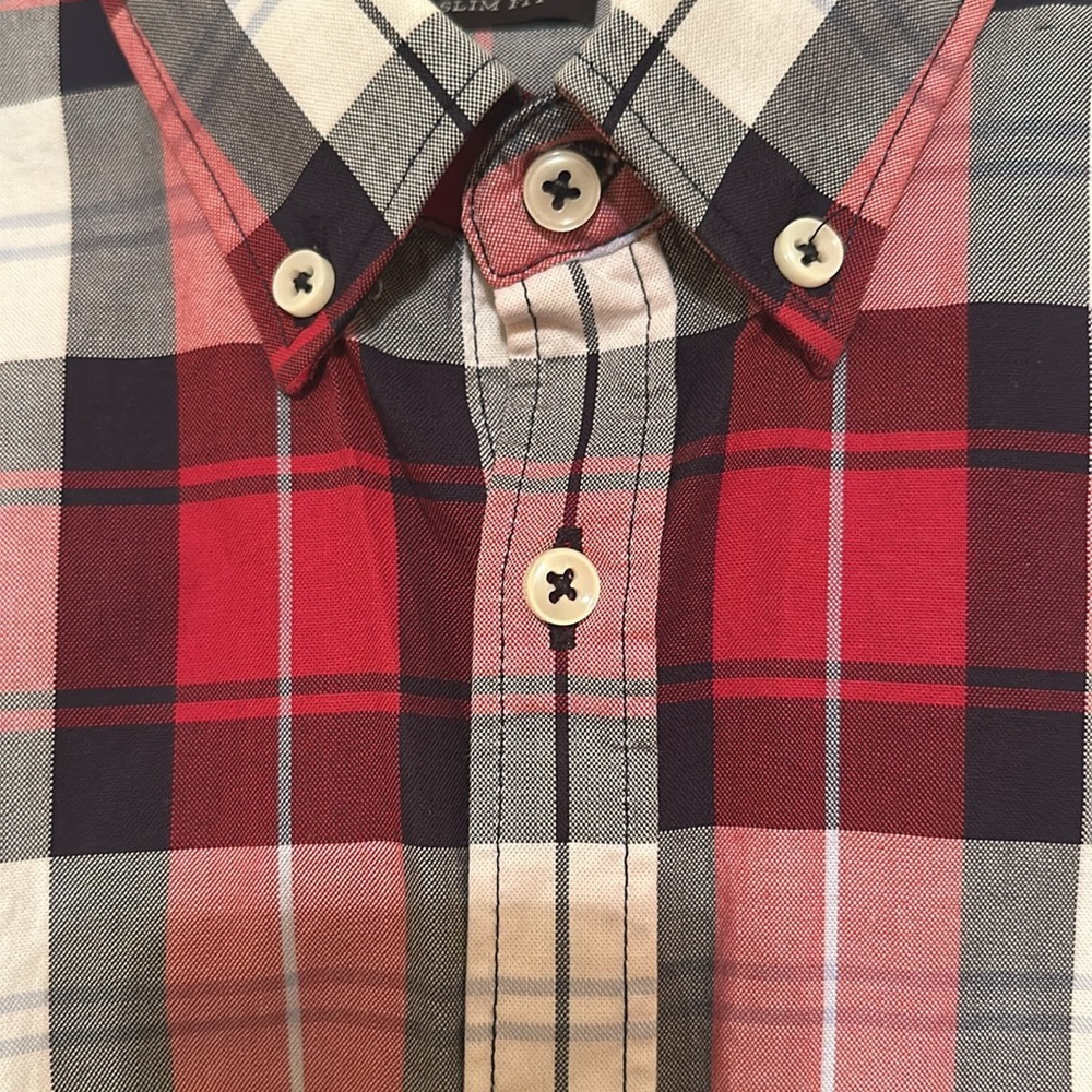 Zara Man Slim Fit Plaid Button Down Shirt Red Blue White Men's Size L - Picture 5 of 7